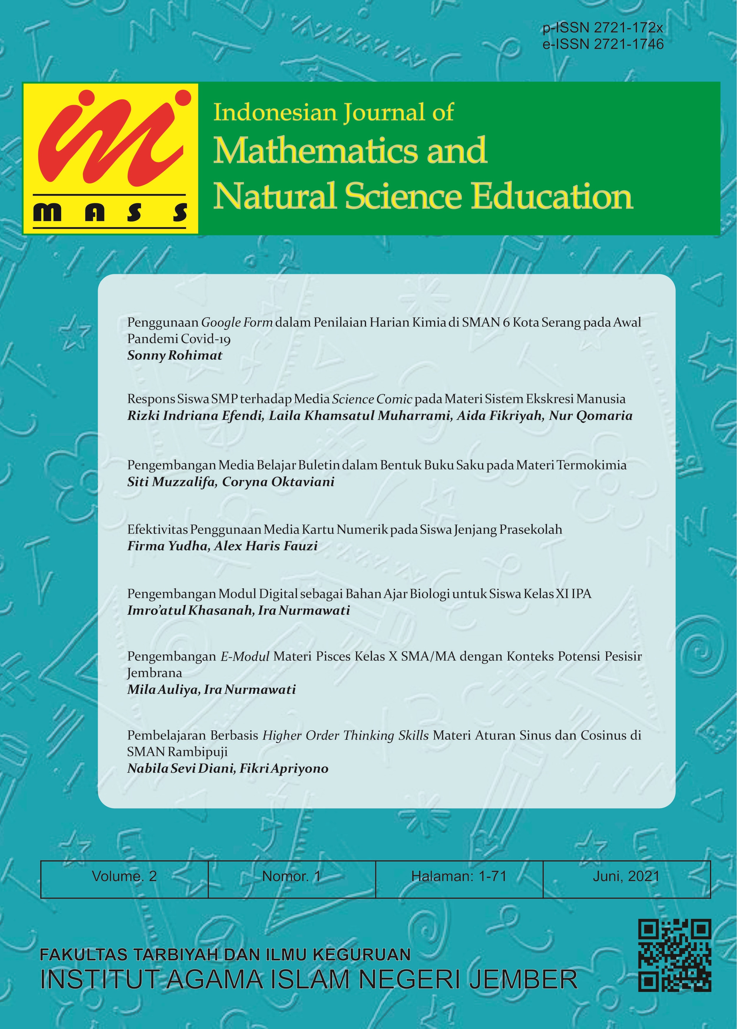 					View Vol. 2 No. 1 (2021): Indonesian Journal of Mathematics and Natural Science Education
				